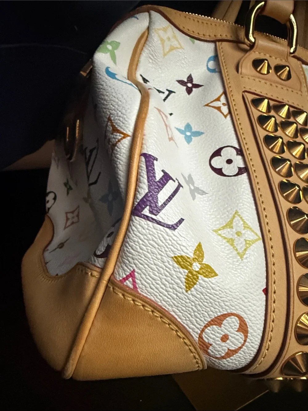 Louis Vuitton Courtney White Murakami Multicolor Monogram Satchel with Studs